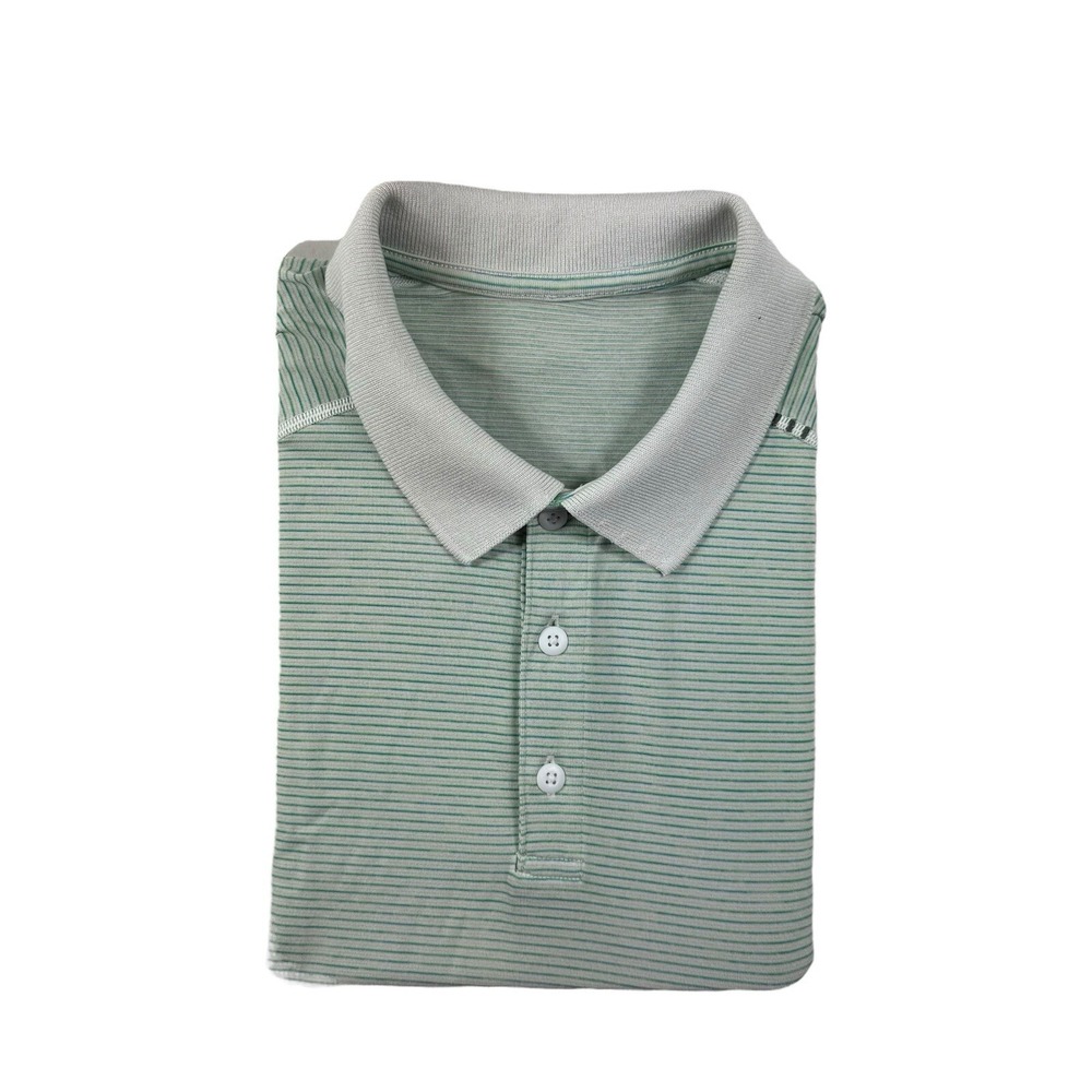 Lululemon White Blue Green Striped Performance Mens Polo Medium